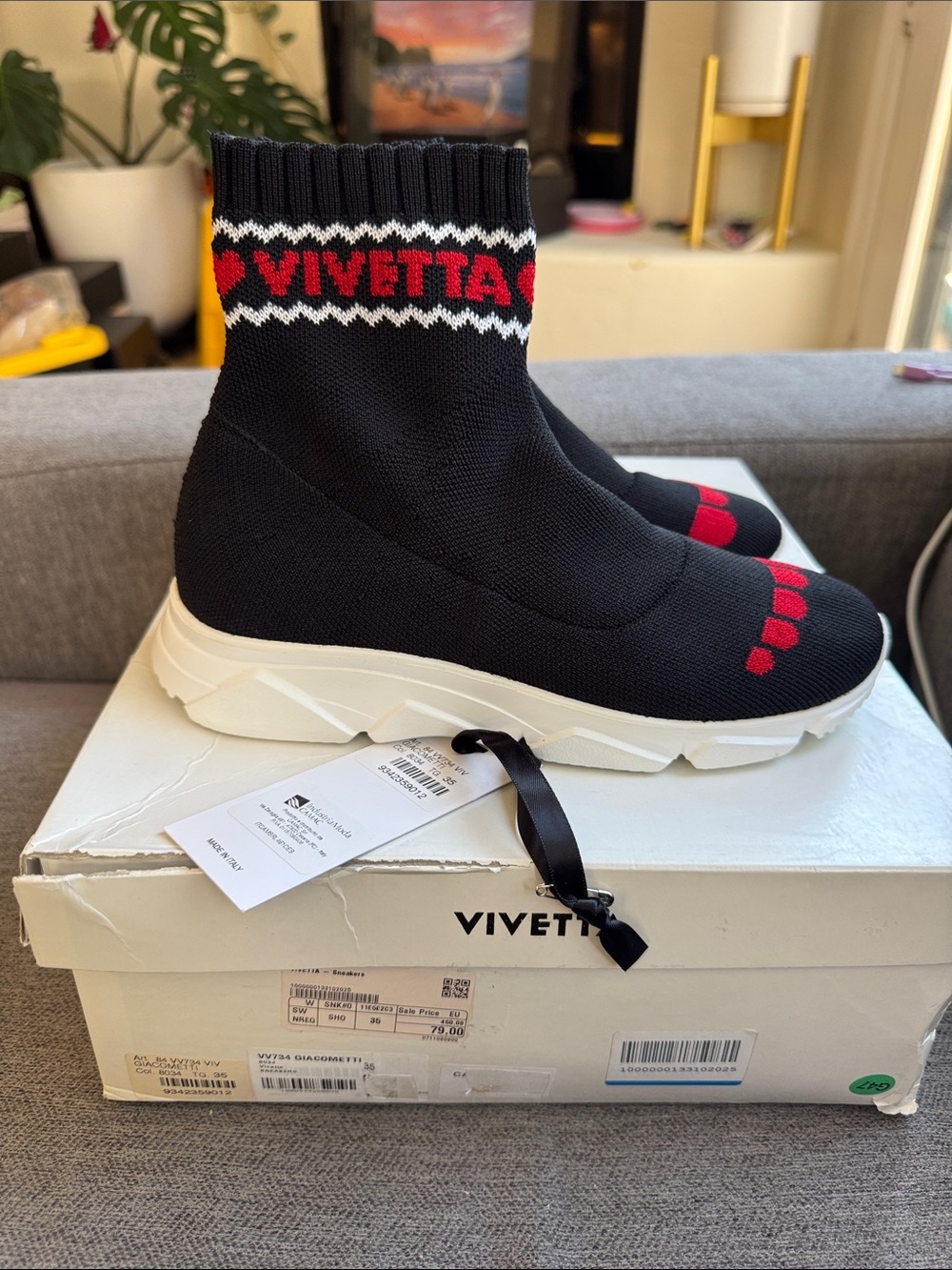 VETTA Kids Black Knit Sock Sneakers with Red and White Knit Accents